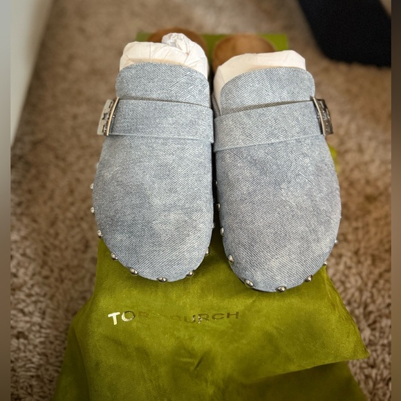 NIB Tory Burch Mellow Stud Mules- Denim Suede/Cork - Picture 4 of 9